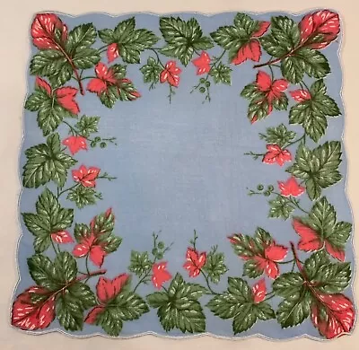 Vintage 11”  Pink And Green Foliage Border On Light Blue Linen Handkerchief  • $5.99
