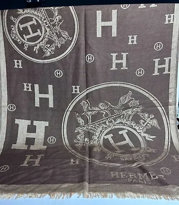 Hermes Paris Scarf Shawl Muffler Wrap H Logo Wool 100% Brown Vintage Unisex • $129