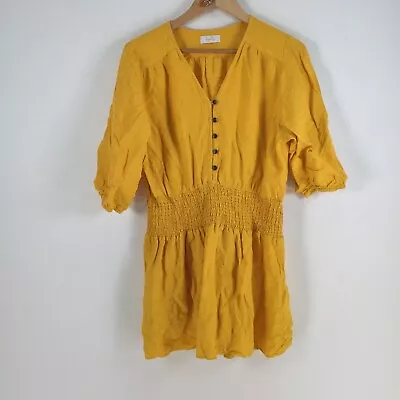 Tigerlily Womens Dress Size 10 Mini Yellow Short Sleeve Linen Viscose 053517 • $34.95