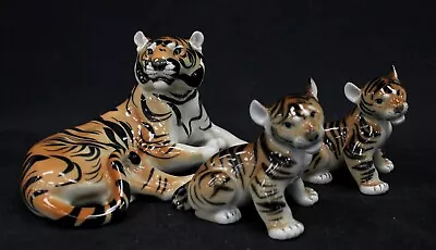 3x Vintage LOMONOSOV USSR Ceramic TIGER Mother & Cubs FIGURINES/ORNAMENTS - S84 • £9.99