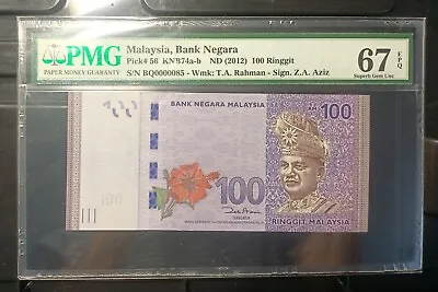 Malaysia Banknote Rm100 Pmg67epq Low Number Bq0000085 Zeti Gabenor • $118