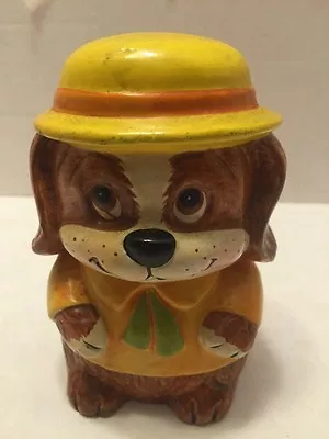 Vintage Dog Figurine Piggy Bank Yellow Hat Shirt • $12.25