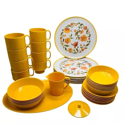 VTG Melamine Yellow Floral Dinnerware Picnic RV Camping USA MCM Retro 40 Pc Set • $133.69