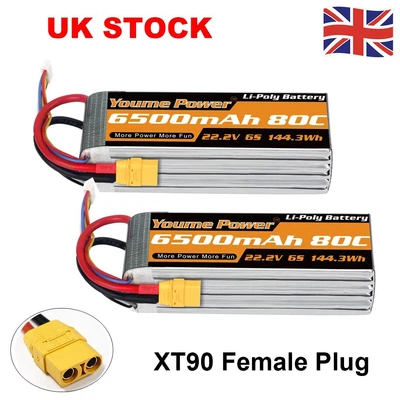 £129.18 • Buy 2pcs Youme 22.2V 6S 6500mAh XT90 80C LiPo Battery For RC Helicopter Boat Car FPV