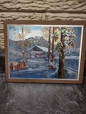 Vintage Foil Art Snow Covered Bridge Picture On Wood Backing Beautiful  • $12.99