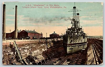 Philadephia PA~League Island Navy Yard~USS Battleship Mississippi~Dry Dock~1913 • $8