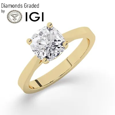 IGI1.00 CT Solitaire Lab-Grown Cushion Diamond Engagement Ring18K Yellow Gold • £974