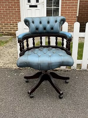 Stunning Rare Antique Blue Leather Chesterfield Captains Chair • £375