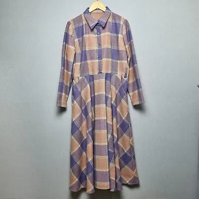 Vintage Homemade Wool Dress Size 12 Maxi Purple Plaid Collared Button Down • £32.99