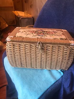 Vintage Large Woven Wicker Sewing Basket Box Tapestry Floral • $19.99