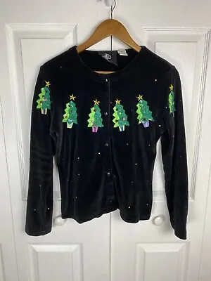 Michael Simon S Velvet Velour Cardigan Sweater Embroidered Christmas Tree Beaded • $39.99