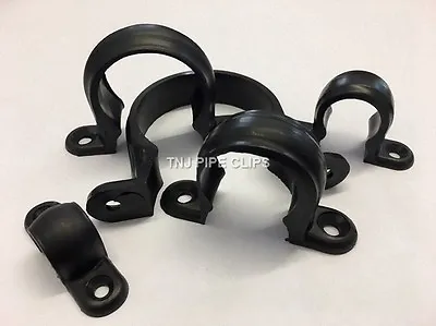 BLACK Plastic Pipe Saddle 12mm Up To 90mm - Snap On 2 Hole Fixing U Clip 10 Pack • £4.95