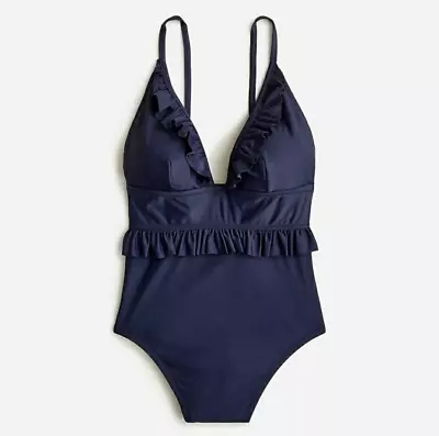 J. Crew Long Torso Ruffle One-Piece Swimsuit Bathing Suit Navy Sz 10 • $28