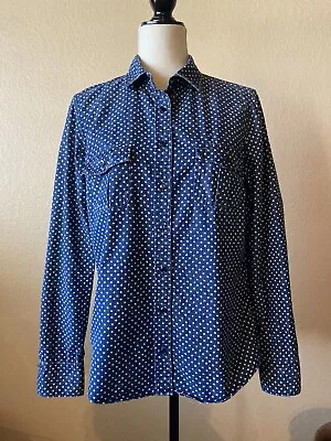 J Crew L/S Blue With White Stars 100% Cotton Chambray Button Blouse Size 10 EUC • $14.99