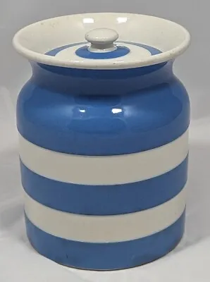 TG Green Cornish Kitchen Ware 6  Canister & Lid Blue White Striped Green Mark • $39.98