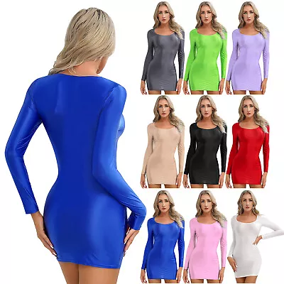 Sexy Women Glossy Mini Dress Round Neck Tight Party Micro Pencil Dress Clubwear • £7.62