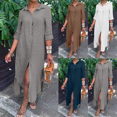 Womens Cotton Linen Maxi Shirt Dress Ladies Long Tops Baggy Blouse Plus Size 20 • £15.69