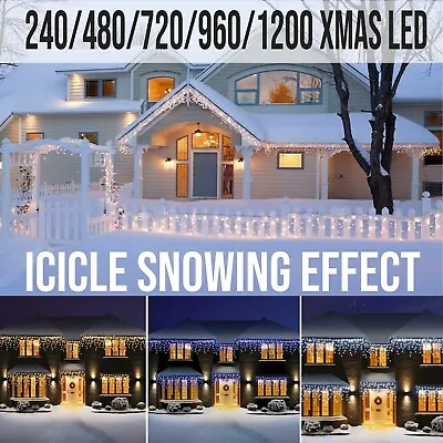 Christmas 200/480/720/960/1200 LED ICICLE Snowing Xmas Chaser Lights Outdoor Tub • £17.99