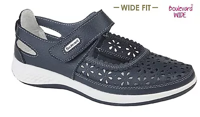 Ladies Boulevard Navy Wide Eee Fit Comfort Action Leather Mary Jane Shoes Size • £26.95