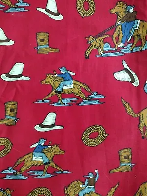 Vintage Cowboy Print Cotton Fabric On Red BTY • $6