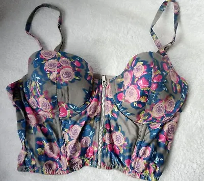 Floral Corset Bustier Bralet Crop Top Size 34b Zip Front Blue Pink Zip Front • £8