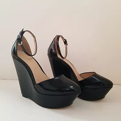 ZARA Black Patent Vamp Mary Jane Shoe Wedge Heel Platform  • $74.99