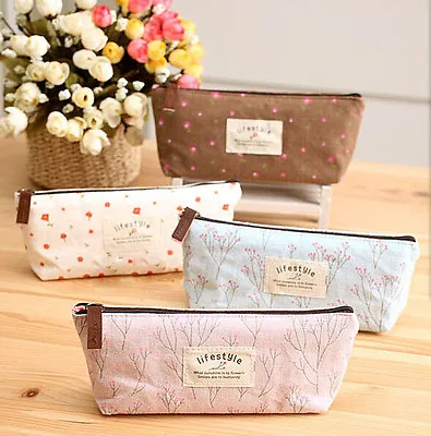 Canvas Floral Pencil Case Pen Coin Pouch Zip Pockets BACK TO SCHOOL UK • £2.34