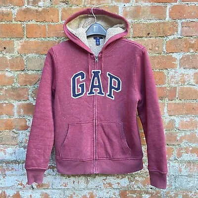 Gap Sherpa Lined Hoodie Women’s Small Red Logo Spellout Full Zip Fleece • £21.99