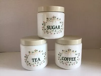 CLP Eternal Beau Tea Coffee And Sugar White Milk Glass Jars Kitchen Canisters • £14.95