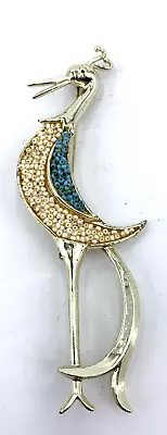 Vintage Flamingo Crane Brooch Goldtone Seed Bead 4.5  Blue White • $23.99