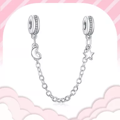 Bent Moon And Star With Zirconia Safety Chain Real S925 Women Bracelet Necklace • $13.99