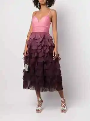 $895 NEW Marchesa Notte Tiered Ruffle Midi Dress Rose Pink Plissé Ombre 10 • $450