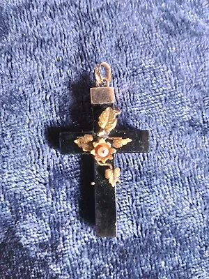Antique Victorian Edwardian Black Coral Flower Cross Pendant WITH DEFECTS • £25