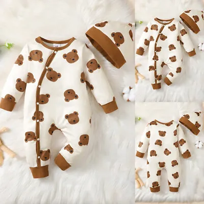 2pcs Newborn Baby Cute Bear Jumpsuit Romper Long Pants Hat Outfit Clothes Set UK • £8.89