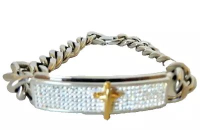  Men's Solid Stainless Steel Two Tone Cross ID CZ  Cuban Link Bracelet 9 Inches  • $21.99