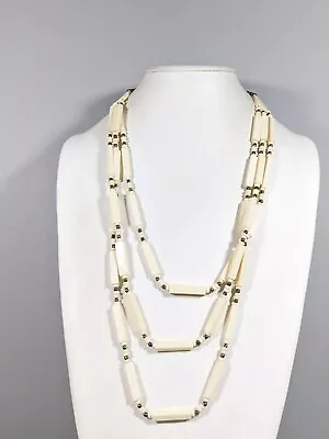 Vintage Silver Tone Ivory Color Acrylic Bar Bead Layered Tribal Style Necklace • $10.84
