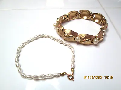 Vintage  Crown Trifari Bright Matte Gold-tone Faux Pearl Bracelets Jewelry 2pcs. • $34.95