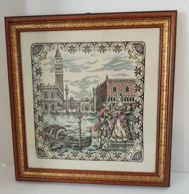 Antique VINTAGE ITALIAN ROMANCE TAPESTRY ARTWORK Framed ~ 14.5   X 13.5   • $39