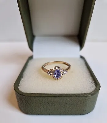 14K Yellow Gold Tanzanite & Diamond Ring Size P Engagement Ring Gold Jewellery • £299.99