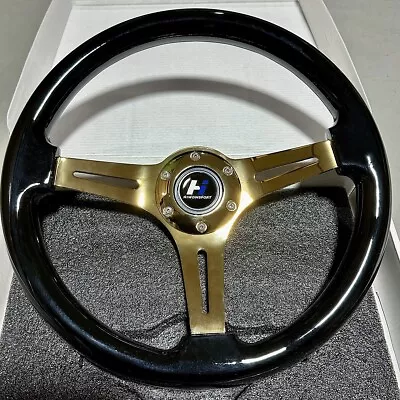 Hiwowsport 14  Black Wood Steering Wheel 6 Bolts 1.75  Depth Gold Chromed Spoke • $54.99