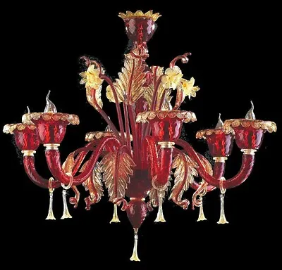 Chandelier Venetian Glass Of Murano With Gold 24 Handmade IN Italy 6 Lights • £2824.04