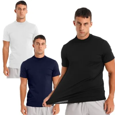 Men's Turtleneck Short Sleeve Pullover Lightweight T-Shirt Casual Slim Fit Tops • £6.43