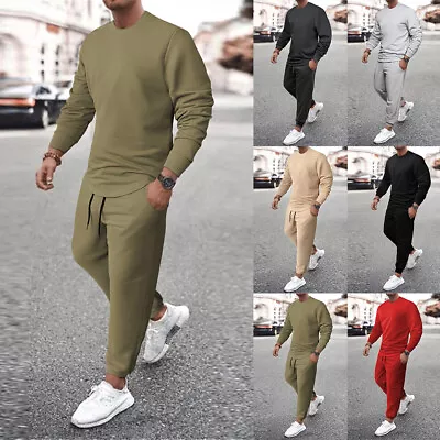 2PCS Mens Long Sleeve Tracksuit Set Tops Joggers Gym Sports Bottoms Lounge Wear • £3.79