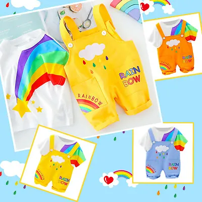 Summer Baby Boy Girl Rainbow Printed Tops+Overalls Suspender Pants Outfits Set • £11.99