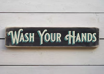 WASH YOUR HANDS Vintage Style Wooden Sign. Handmade Retro Home Gift • £24.95