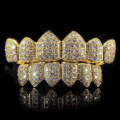 18K Gold Plated CZ Cluster Custom Slugs Top Bottom GRILLZ Mouth Teeth Grills Set • $39.99