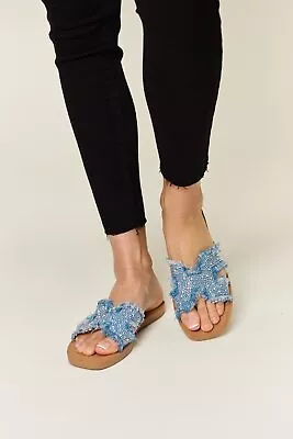 Denim H-Band Sandals With Edgy Raw Trim • $29.95