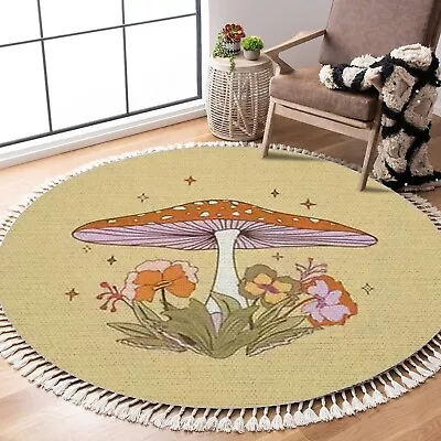 Round Fringe Shag Rugs Psychedelic Mushroom And Flower Vintage Style Print Bo... • $103.69