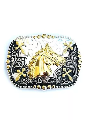 Western Buckle Gold Black Silver Horse Head Cowboy 2''Cross Christian Buckle • $24.99