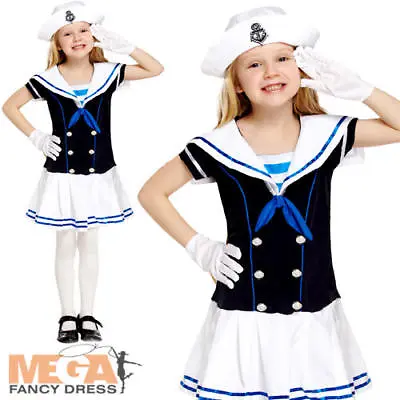 Sailor Girls Fancy Dress Marine Navy Uniform Kids Childrens Childs Costume + Hat • £9.99